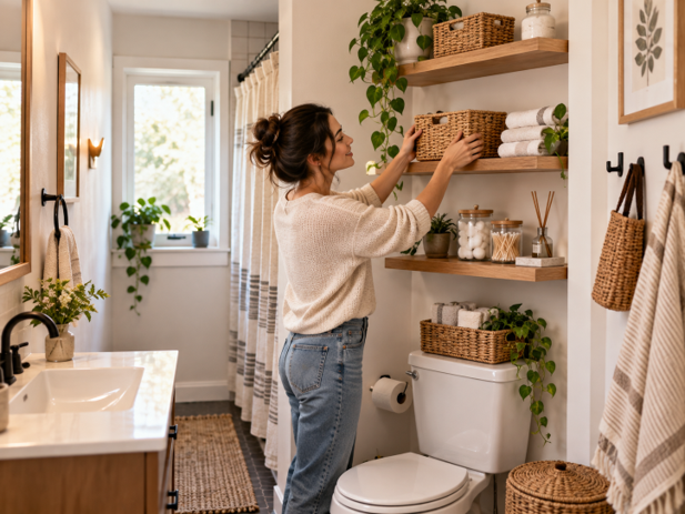 Woman organizing floating bathroom shelves with baskets, folded towels, and vertical storage in a small apartment.