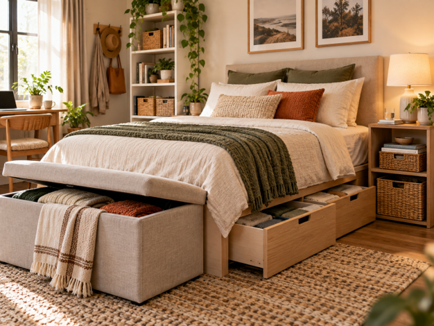 Cozy small apartment bedroom with under-bed drawers, a storage ottoman, shelving, and space-saving furniture.