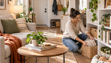Woman organizing a cozy small apartment living room with woven baskets, shelving, and space-saving storage.