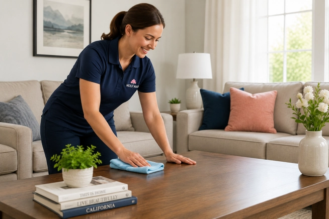Molly Maid cleaning professional wiping a coffee table in a bright living room.