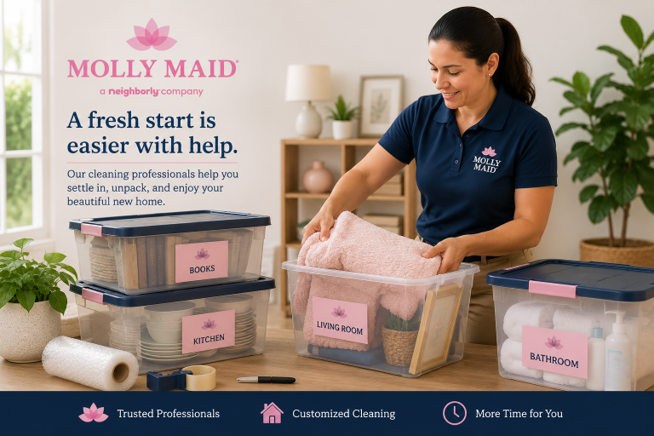 Molly Maid&reg; cleaning professional organizing labeled storage bins.